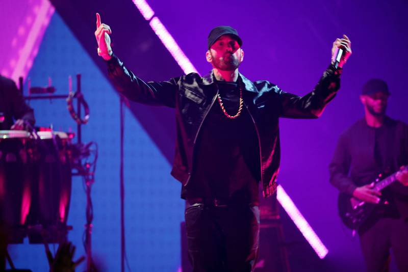 NEWARK, NEW JERSEY - AUGUST 28: Eminem performs onstage at the 2022 MTV VMAs at Prudential Center on August 28, 2022 in Newark, New Jersey. (Photo by Theo Wargo/Getty Images for MTV/Paramount Global)